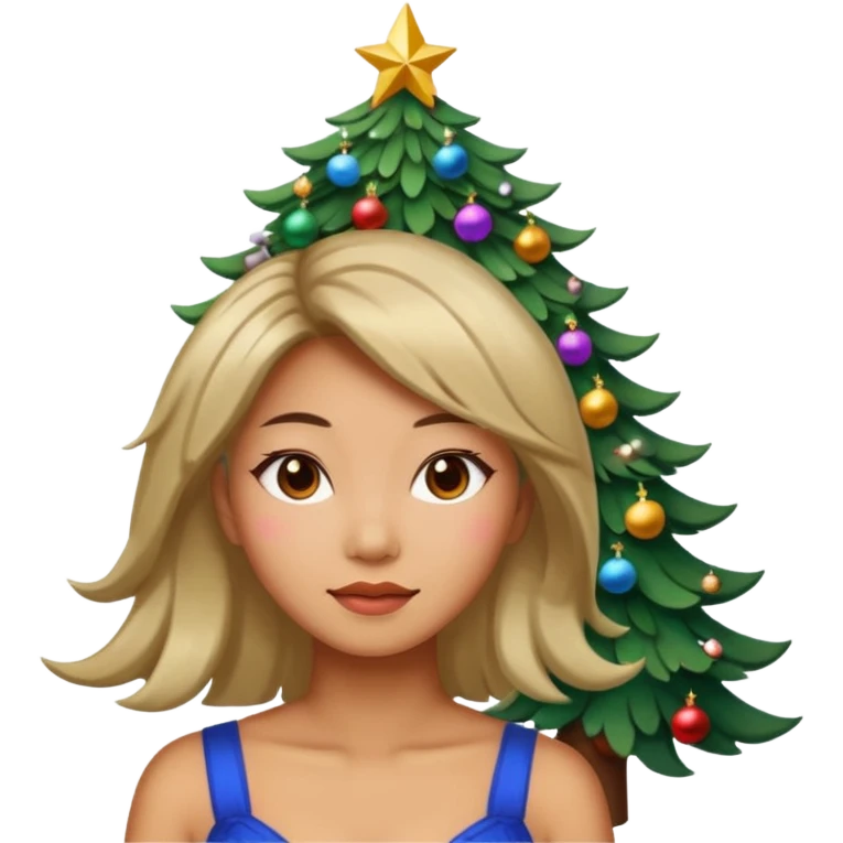 a asian woman whose hair is a Christmas tree emoji