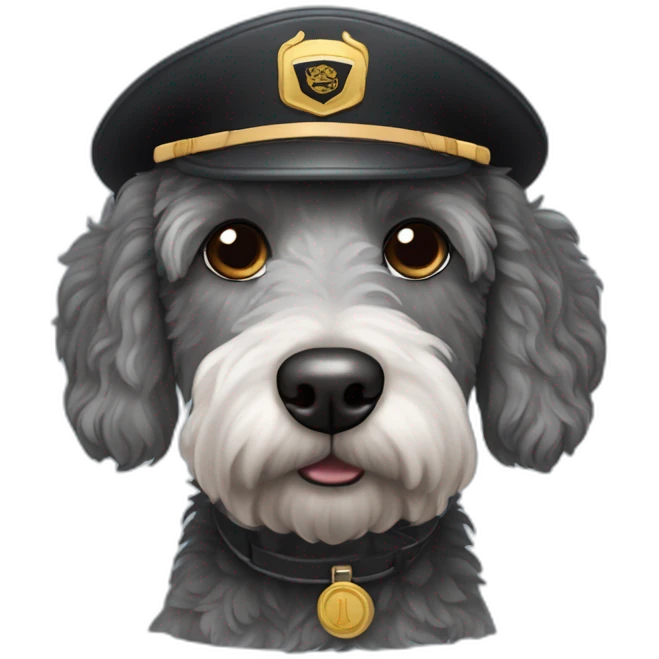 sad grey and black labradoodle dog's face with pilot cap on emoji