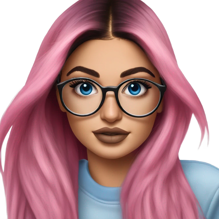 Photo Realistic kylie jenner stylish pink hair BLUE eyes and glasses posing  emoji