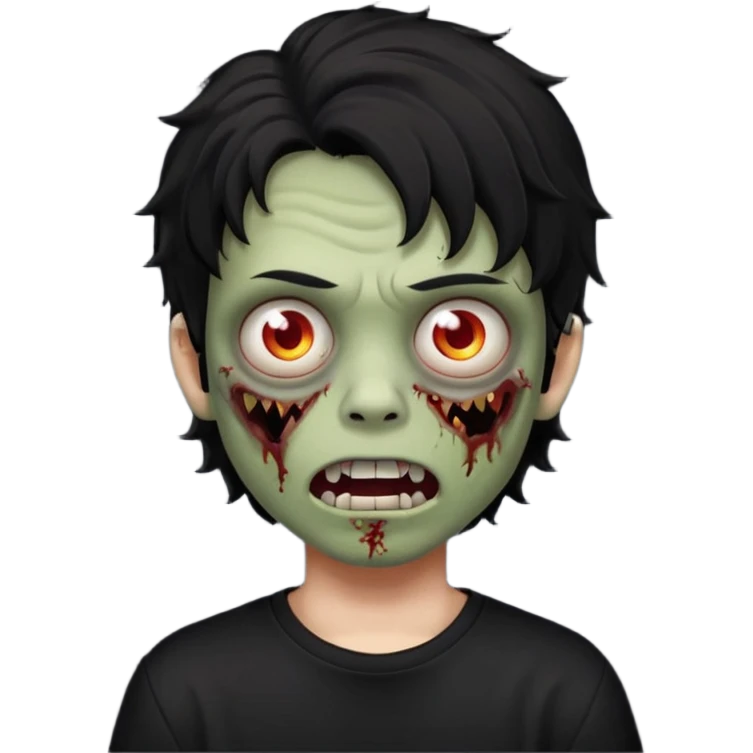 a boy with wavy hair, a zombie-shaped mouth piercing hum, and black hair with a black shirt too emoji