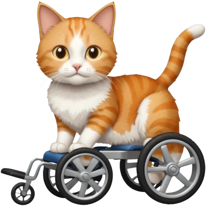disabled orange tabby and white small cat using cat wheelchair emoji