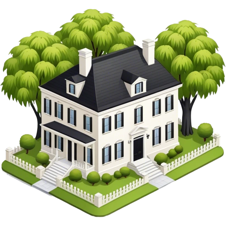 White and black colonial mansion, willow tree in yard, isometric exterior  emoji