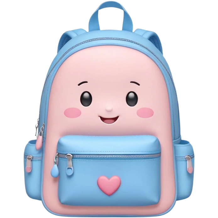 Cute Kawaii Backpack, round and chubby, soft pastel pink and blue, tiny heart-shaped zippers, blushing cheeks, a tiny smiling face, a happy school-time companion! emoji
