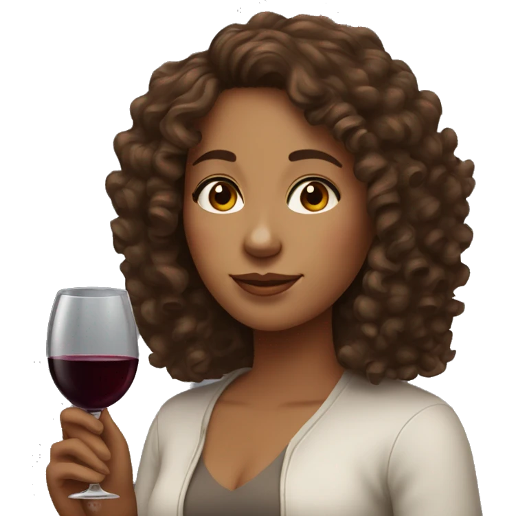Woman with curly brown hair, brown eyes with a glass of red wine emoji