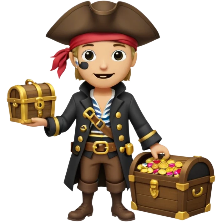 A 3D cartoon pirate character with one eye covered by a black eye patch, holding a treasure chest filled with gold coins and jewels, standing on sandy ground, wearing a pirate hat and coat, warm sunset lighting, realistic Memoji-style rendering. emoji