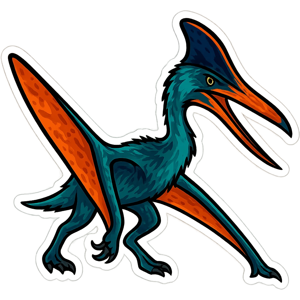 Convert the image to a sticker style with bold outlines and vibrant colors. Keep only the Quetzalcoatlus dinosaur and remove the background. The style should resemble cartoonish stickers with a clean and bold look. emoji