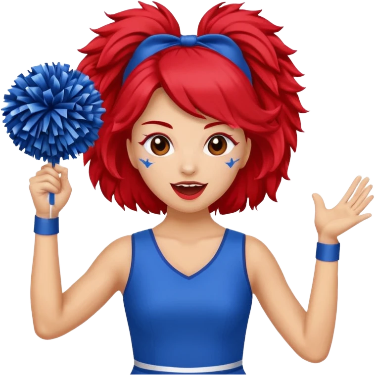 football cheerleader, holding a cheering pom, blue dress and red skin emoji