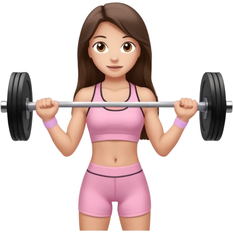 white happy brunette teen long hair with hazel eyes in light pink workout clothes holding a barbell  emoji