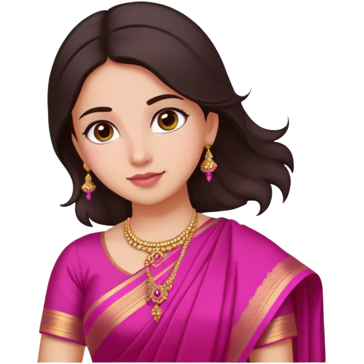 girl with light wheatish skin, dark brown hair, wearing dark pink saree emoji