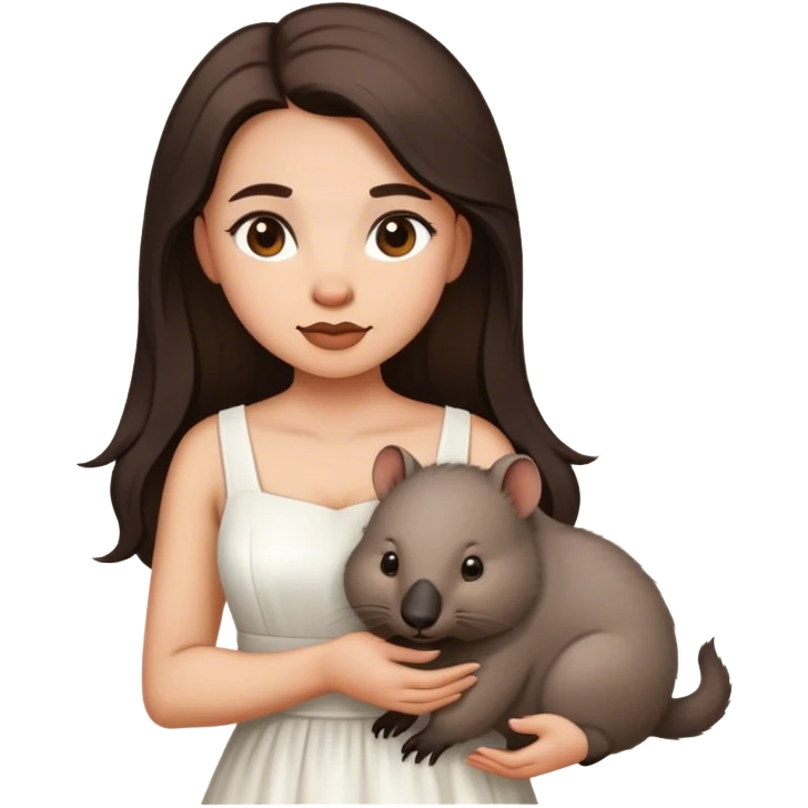 Beautiful woman in 1950’s woman fashion look, white dress, long dark brown hair, wombat emoji