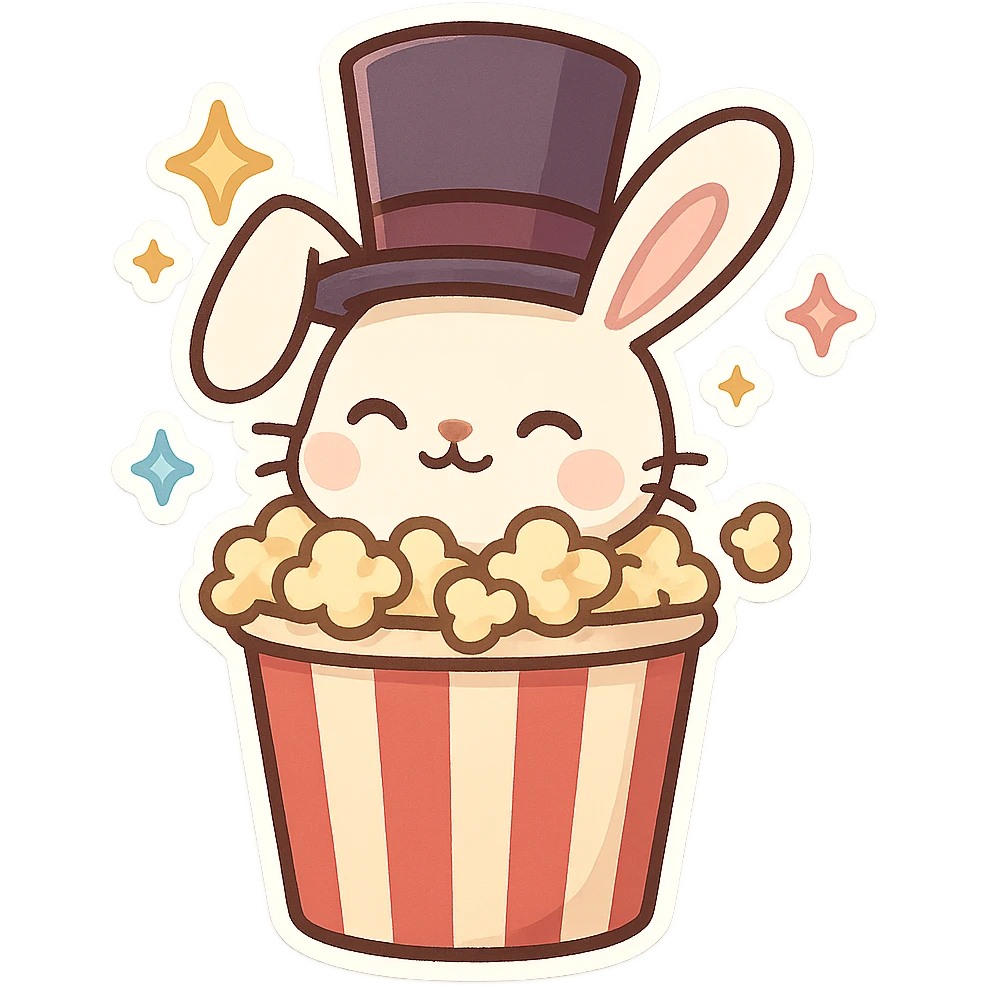 fun and magical popcorn tub with a fluffy bunny emerging, bunny has a tall top hat emoji