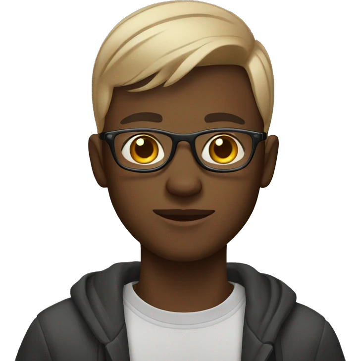 20-year-old boy, dark-skinned, wearing glasses, shaved hair with cell phone in hand  emoji