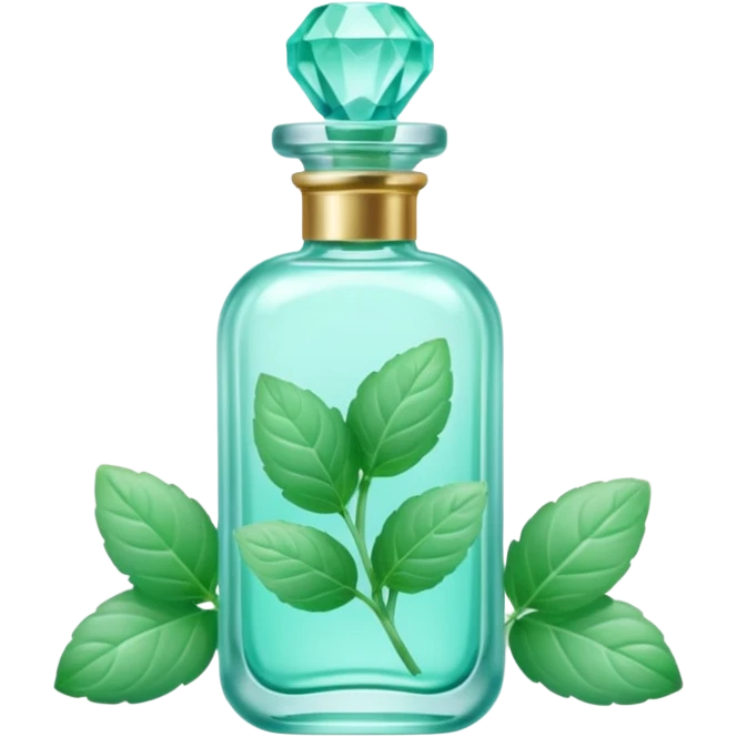 Minty perfume with mint plants, and turquoise crystals, pastel aesthetic, pastelcore emoji