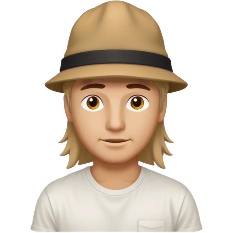 White tshirt, tan hat, mullet emoji