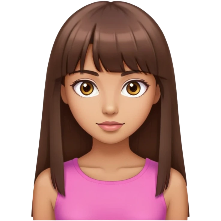 beautiful woman, tan skin, big brown eyes, straight long brown hair, bangs, model, pink top emoji