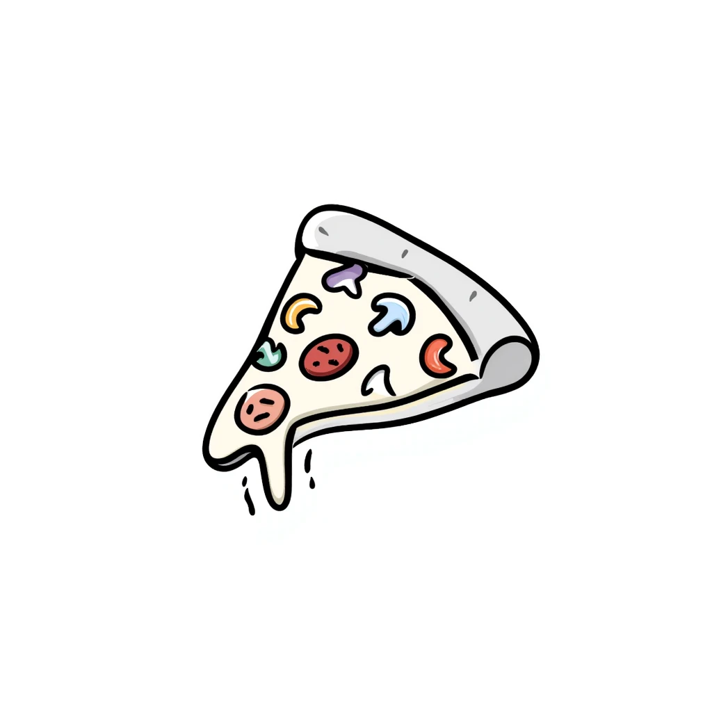 a slice of pizza with toppings in pastel colors dd9fb0, ffc6d3, a3bfc9, c4bee2, f1b091, hand-drawn doodle style emoji