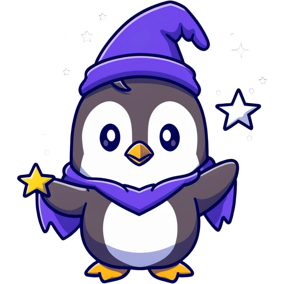 A cute penguin wizard casting a spell with stars and sparkles emoji