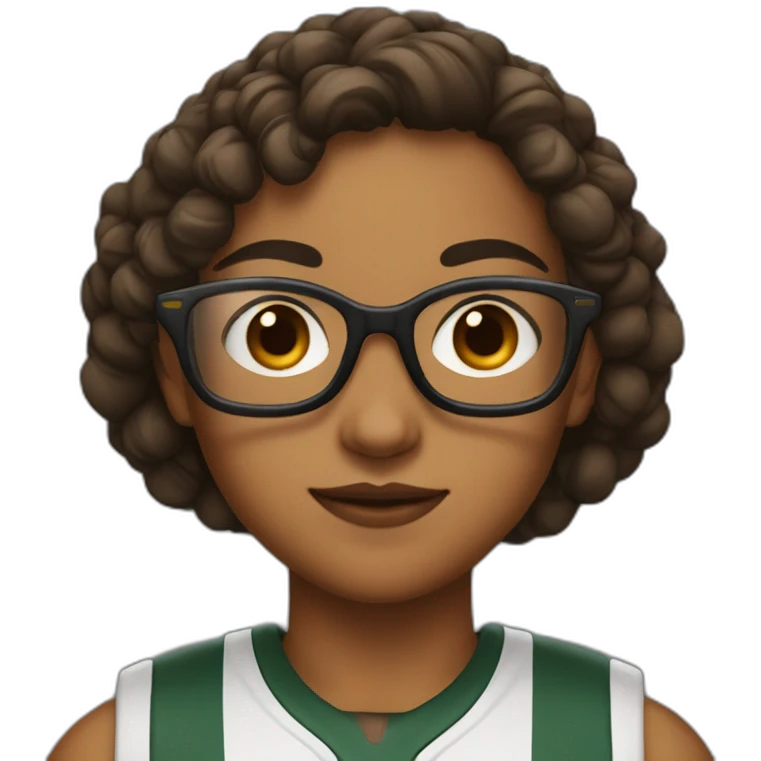 A girl with boyish hair, glasses, a line on her eyebrows, brown eyes, and a basketball player emoji