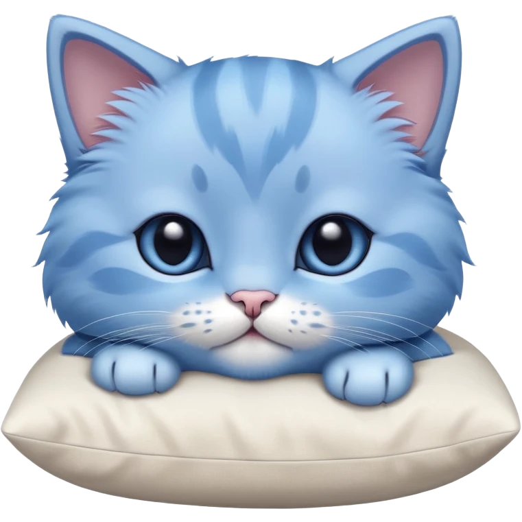 Close-up of a beautiful blue kitten's face with paws resting on a pillow. Minimalist design with very few details, focusing on the kitten's adorable expression and soft features emoji