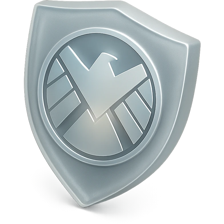 logo of a shield inspired by Marvel's S.H.I.E.L.D., 3D effect, metallic gradient, circular badge, tech company vibe emoji