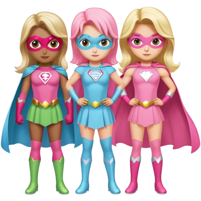 three superhero girls standing together - one in light blue costume, one in pink costume, and one in light green costume emoji