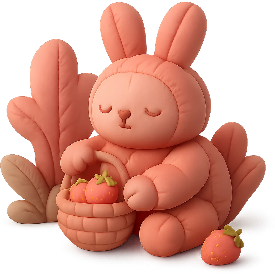 bunny picking strawberries in the woods, sweet pastel red, cushion style emoji