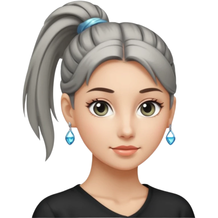 A cool woman with her hair tied in a ponytail, sparkling gray eyes, and smooth, fair skin; very beautiful. emoji