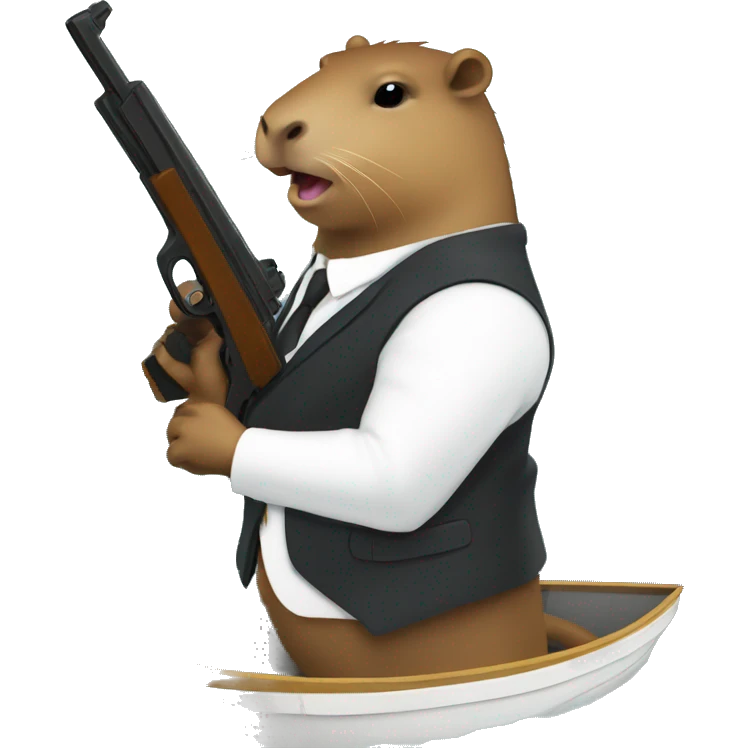 Capybara in a suit with a gun pointed at a boat emoji