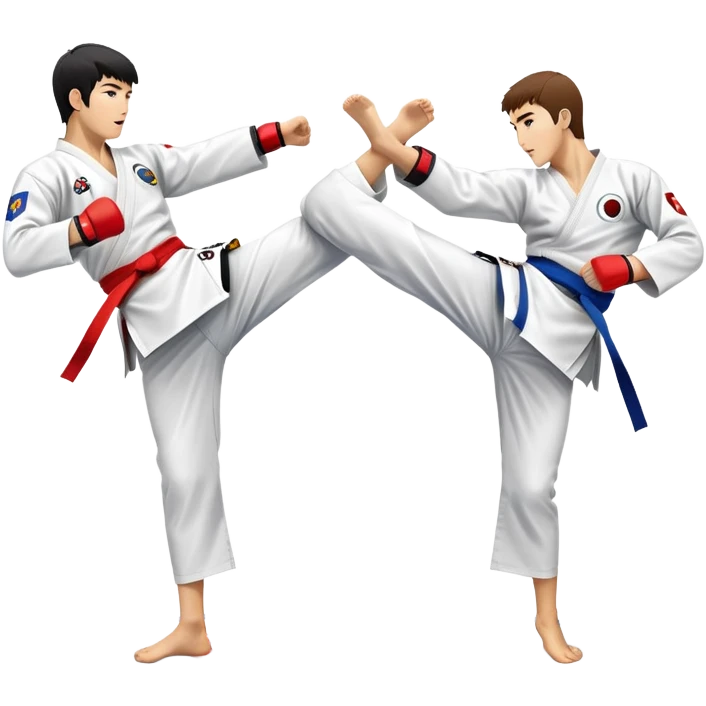 Two taekwondo fighters in a competition arena, one performing a high spinning kick towards the opponent’s head, while the other blocks with a precise guard. The background features a dynamic, bright arena with flags, emphasizing speed and agility in the martial art. Transparent background  emoji