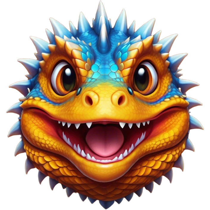 Cinematic Comical Bearded Dragon Portrait Emoji, Head tilted dramatically with an exaggeratedly amused expression, featuring a striking, glossy scaled hide with a quirky, spiky beard and wide, expressive eyes full of playful disbelief, Simplified yet hilariously expressive features, highly detailed, glowing with a slightly sassy glow, high shine, dramatic yet playful, stylized with an air of cheeky mischief, bright and endearing, soft glowing outline, capturing the essence of a spirited and over‐the‐top dragon, so meme‐worthy it feels like it could snap its jaws into internet fame instantly! emoji