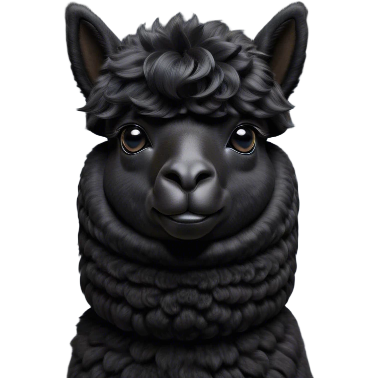 Cinematic Noble Black Alpaca Portrait Emoji, Poised and regal, with a striking, sturdy build and a sleek, well-groomed jet-black fleece, deep-set soulful dark eyes, Simplified yet sharp and sophisticated features, highly detailed, glowing with a soft, dignified glow, high shine, intelligent and mysterious, stylized with an air of elegant austerity, focused and attentive, soft glowing outline, capturing the essence of a watchful and confident companion, so majestic it feels as though it could stride out of the screen with effortless authority! emoji