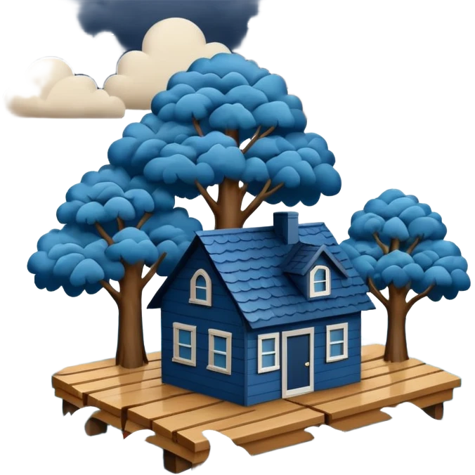 showing a flood disaster scene with powerful blue water waves carrying floating tree branches and wood pieces, small houses partially submerged, dark storm clouds above, heavy rain, realistic yet simple and clean emoji-style design emoji