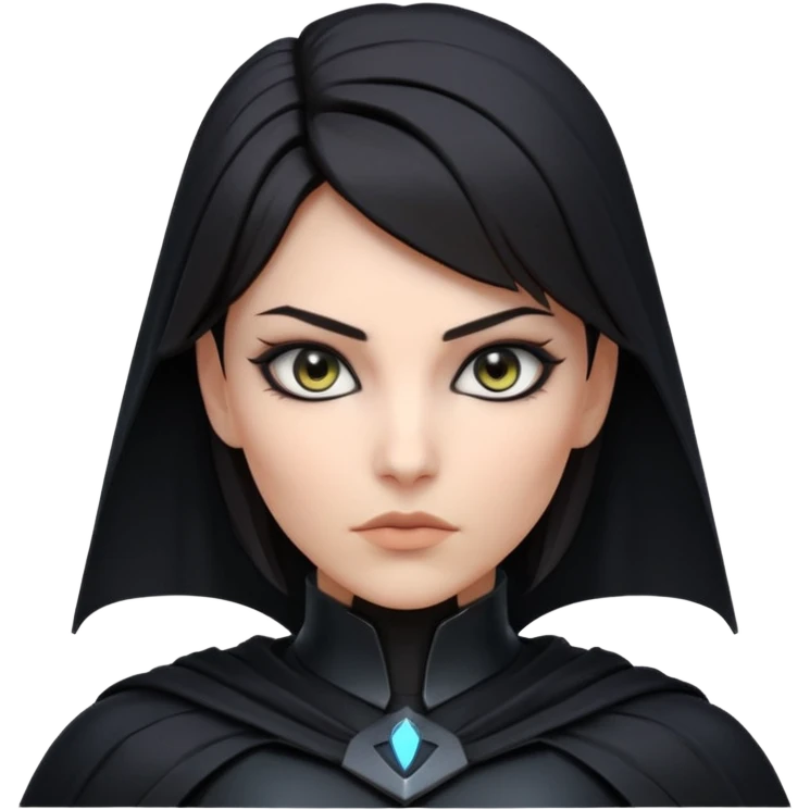 dark sci-fi villain female portrait, head and shoulders only, black armor, cape collar, intense eyes, sharp confident expression, subtle futuristic makeup, dramatic lighting, 3D cartoon, mobile game icon style, clean background, no text, no watermark
 emoji
