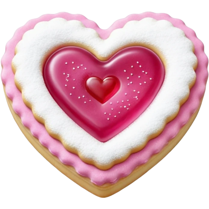 Realistic shortbread cookie in the shape of a heart with pink jelly middle filling and sprinkled powder sugar on top. emoji