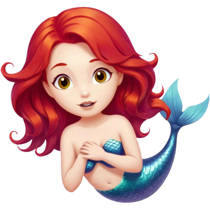 Cinematic Realistic Red Hair Mermaid Portrait, head tilted playfully and inquisitively, showcasing an ethereal form with finely detailed, flowing red hair against luminous porcelain skin. Her bright, curious eyes sparkle like hidden gems beneath the gentle caress of underwater light, rendered with lifelike clarity and warm, filtered illumination—capturing the essence of a spirited mermaid ready to splash playfully into your imagination. emoji