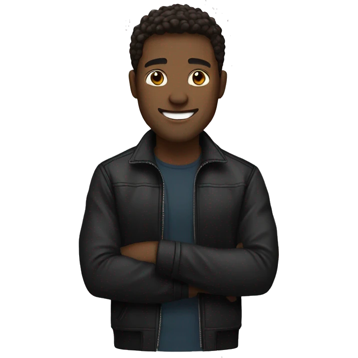 man with brown hair, black skin jacket, smile emoji