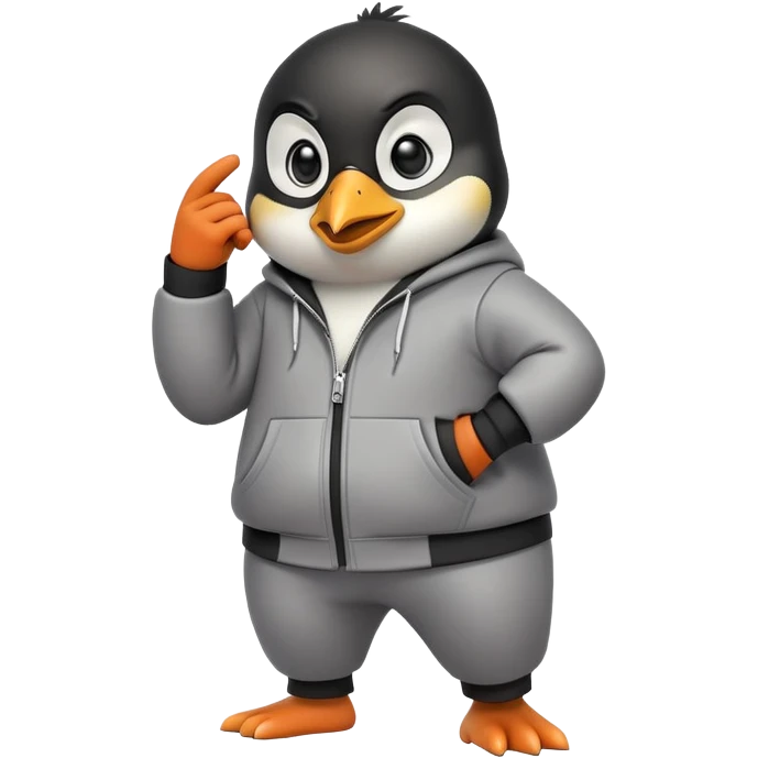friendly anthropomorphised penguin wearing a mafia-style tracksuit, secretive scheming pose, soprano vibe, angry expression, walking quickly with a tense hurried stride, holding a knuckle duster emoji