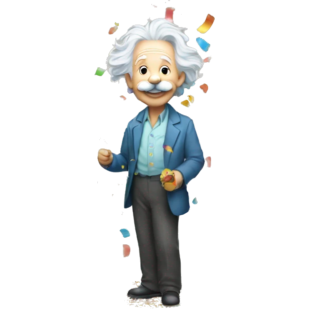 happy albert einstein standing and everwhere colorful confetti in his hand emoji