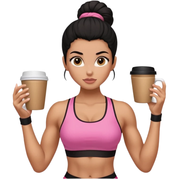Caramel skinned toned female with a black bun for hair. Her eyes are a coffee color brown and almond shaped. She’s wearing a pink sports bra and showing off her flexed muscular toned biceps. She’s not holding anything in her hands emoji