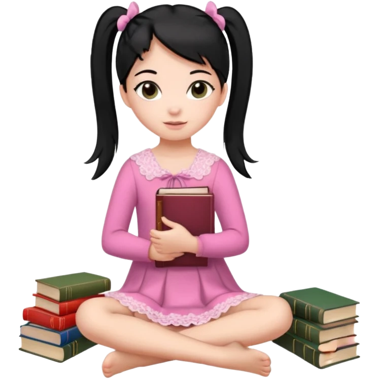 A beautiful girl, wearing a pink lace dress, her long straight black hair is tied in two ponytails, she holds books and crayons in her hands, her feet are bare, sitting on the floor with her legs crossed. emoji