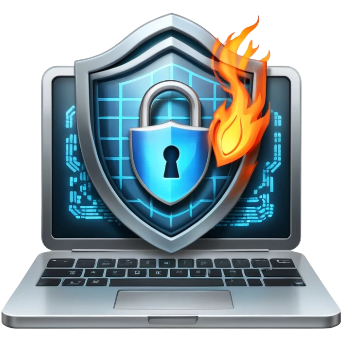 An icon featuring a digital shield with a lock, binary code, and a glowing firewall grid, symbolizing cybersecurity. The design includes a laptop, warning icons, and secure network nodes, representing protection against cyber threats. Transparent background highlights digital safety and defense. emoji