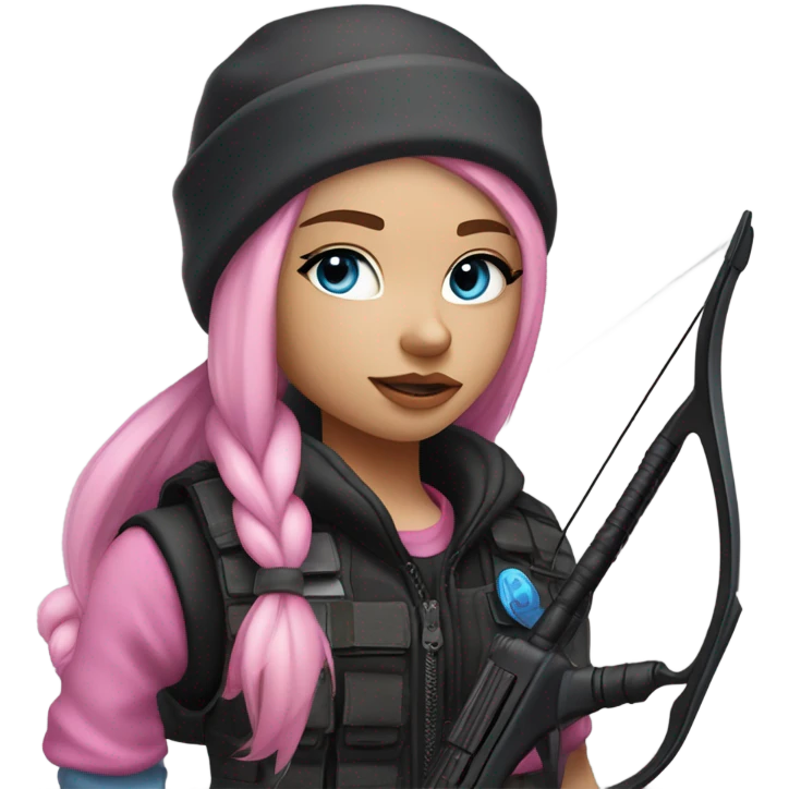 girl, white skin, tactical vest, dark pants, long pink hair, blue eyes, black beanie hat with crescent moon on front, black combat boots, bow and arrow emoji