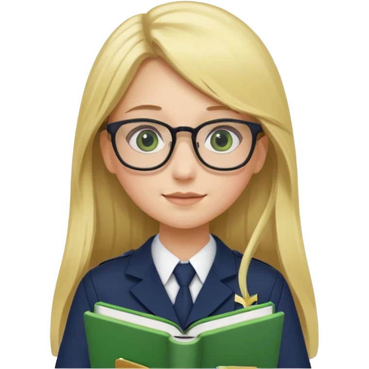 Girl student wearing uniform, glasses, hold green book in front of their chest, blonde long straight hair, white skin emoji