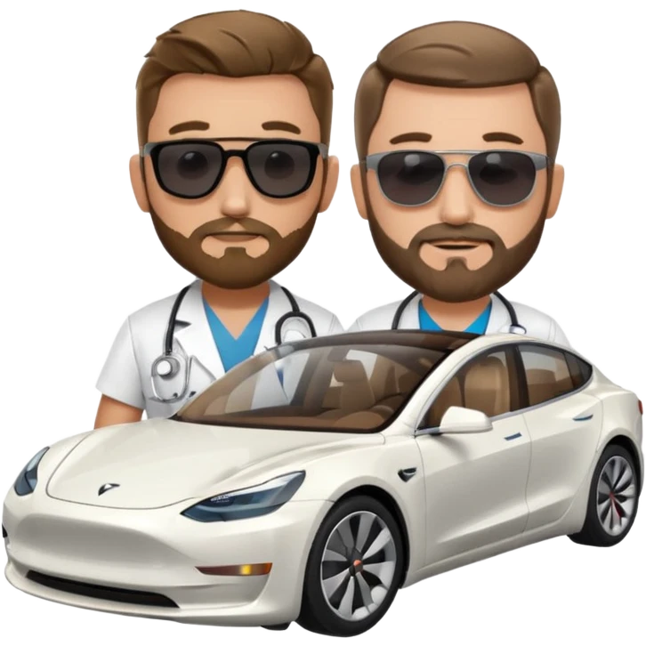 White tesla model 3 and one cool physician with dark blond hair, beard, stetoscope and dark sunglasses next to it emoji