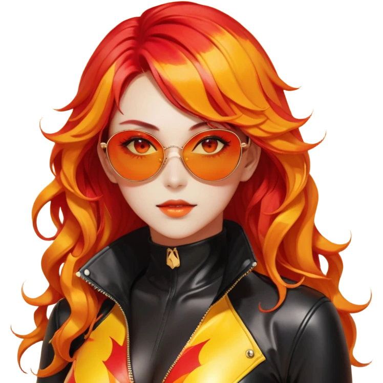 Beautiful gorgeous anime lady with beautiful fiery long warm-red-orange-yellow-gradient-wavy-special-hair, fashion aesthetic, slim red-tinted-sunglasses, accessories, gold jewelries, red-and-yellow sunny-pattern-eyes, black latex-suit, biker-woman, cool, badasa emoji
