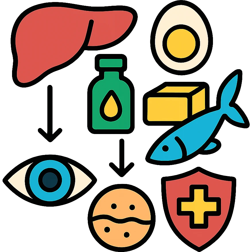 Food sources of Vitamin A: liver, egg yolk, cod liver oil, butter, and fish with arrows pointing to eye, skin and immune shield emoji