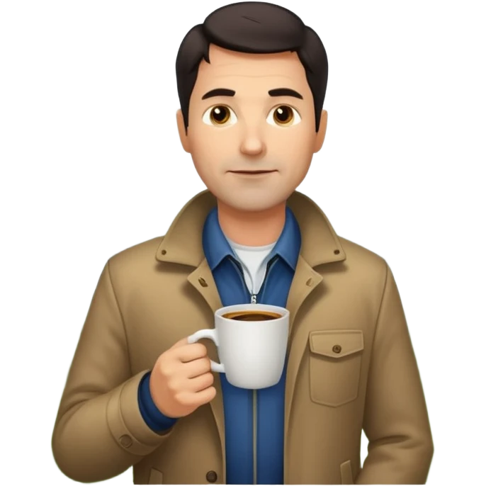 A handsome 45 year old white man with dark hair in a very foggy park drinking a cup of coffee emoji
