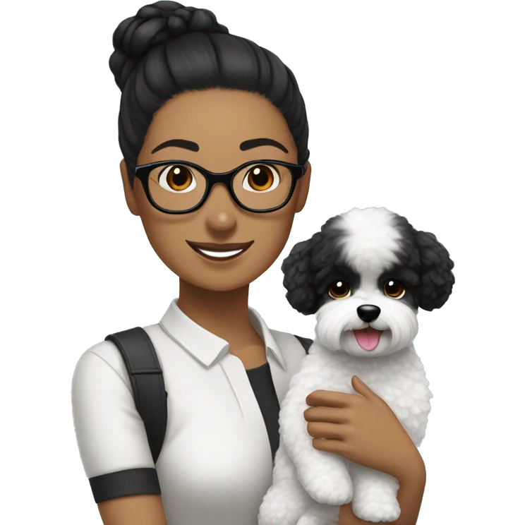 woman-black hair-bun-with glasses-with black bichon dog-white-smile emoji