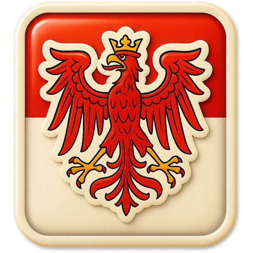 Create an icon for Brandenburg with a rectangular flag background and the Brandenburg coat of arms (red eagle with crown) centered. The style should be retro stickers, less cartoonish, and match exactly the same format and proportions as the Berlin icon from earlier. No text included. emoji
