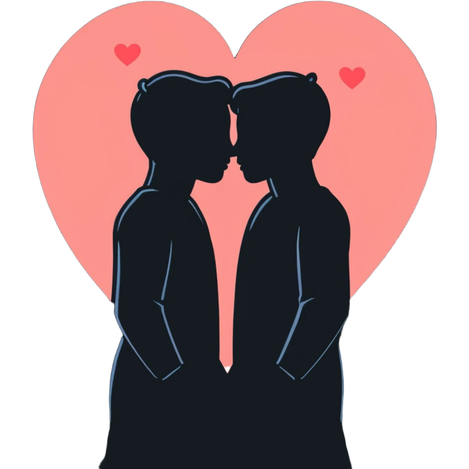 Two silhouettes embracing in a passionate moment with hearts floating around emoji